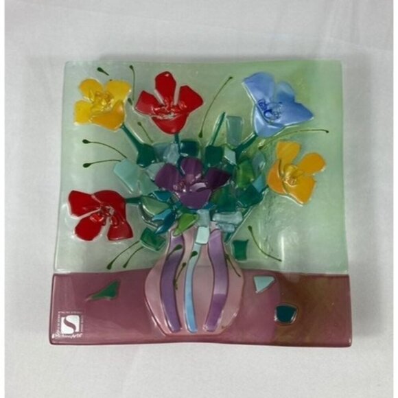 Sebino Arte Fused Glass Floral Square Dish 6.5" Handmade Italian